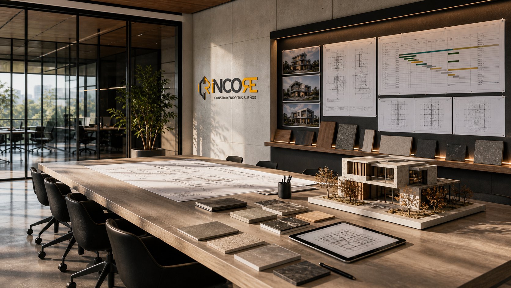 Sala de proyectos INCORE Guatemala — mesa de trabajo con planos, maqueta, materiales y tablero de planificación