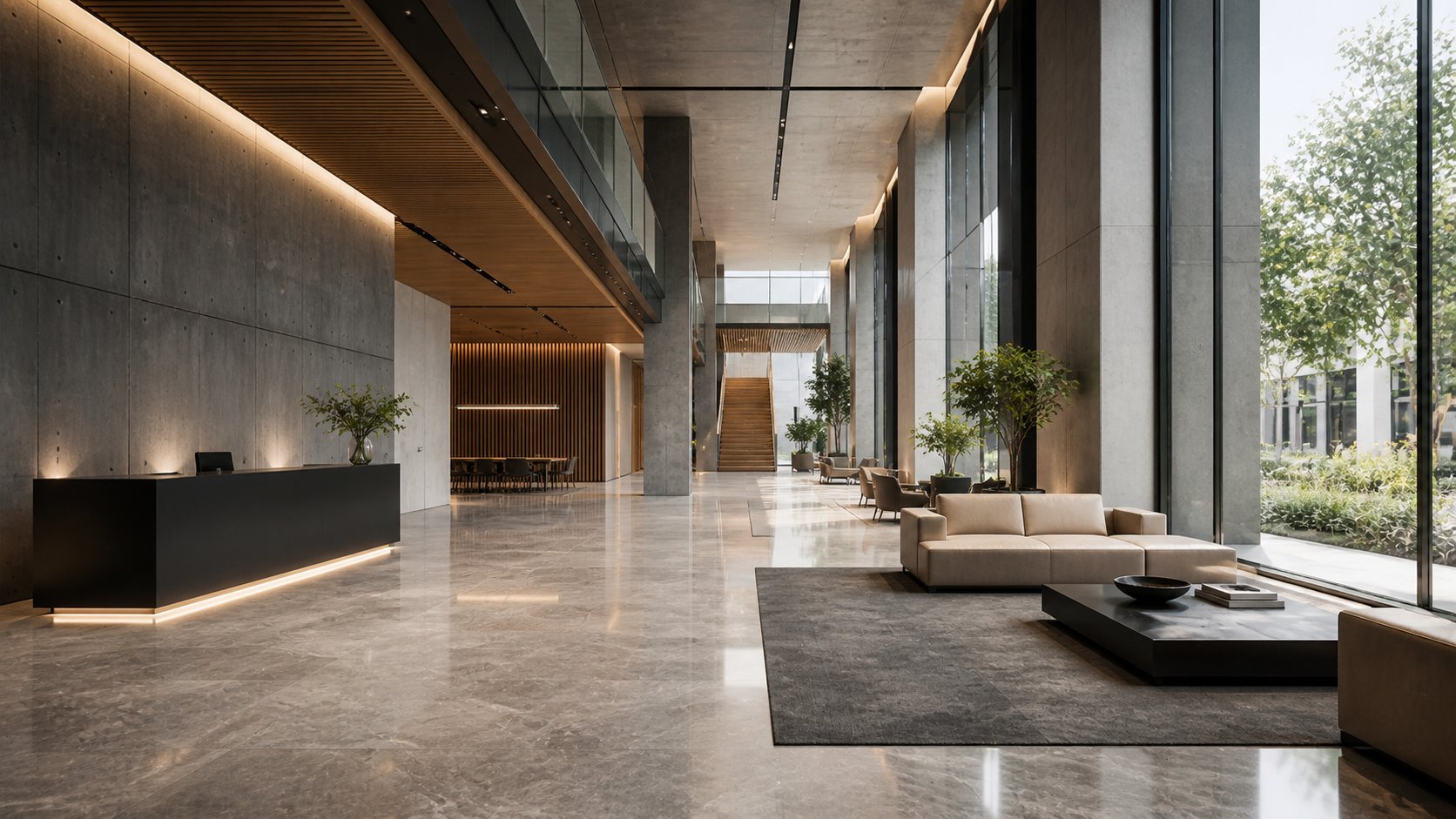 Lobby corporativo de alta gama — Arquitectura comercial INCORE